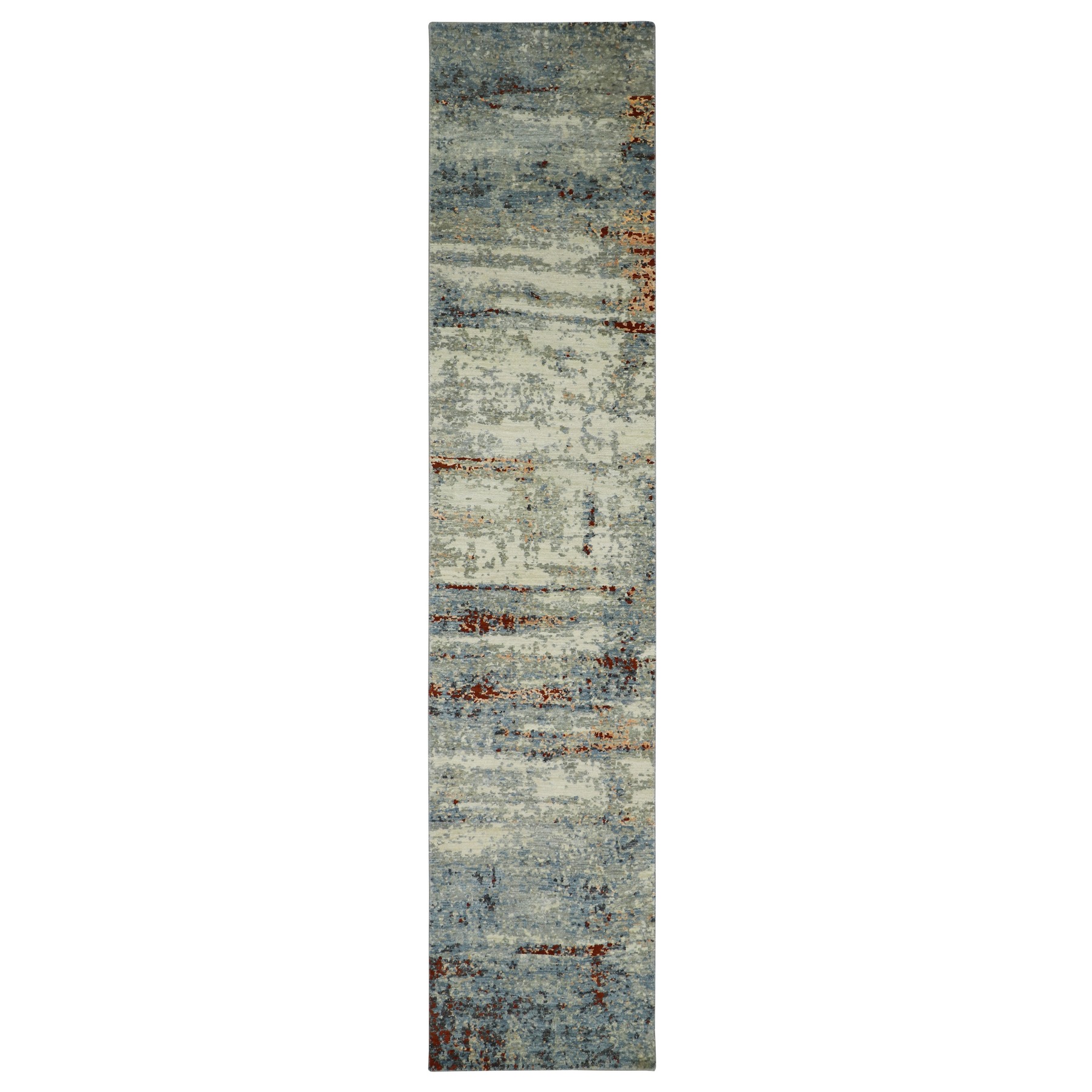 Beige with Stone Blue, Hand Knotted, Abstract with Galaxy Design, Persian Knot, Pure Wool, Densely Woven, Runner, Oriental Rug